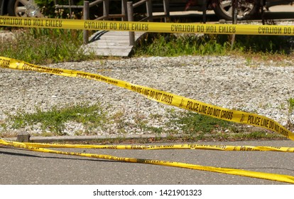 Brick , New Jersey /USA 06/11/19 Police Lines Do Not Cross Caution Tape Covering Crime Scenes