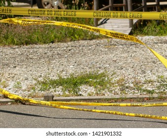 Brick , New Jersey /USA 06/11/19 Police Lines Do Not Cross Caution Tape Covering Crime Scenes