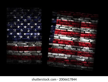 Brick pattern United States flag divided in two representing political division and disagreement