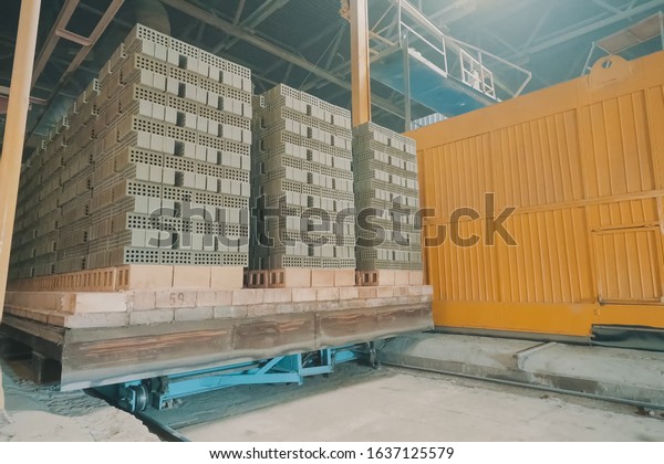 The brick is raw. Move raw bricks to the kiln.\
Brick production, hollow ceramic bricks factory. Brick production,\
bricks factory.