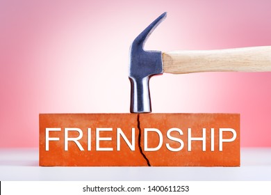  Brick Shape Broken With Crack.  Concept Of, Divorce, Separation, Break, Pink Background. End, Finish Friendship.