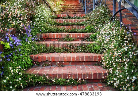 Brick staircase lined with flowers and plants in front of residential home