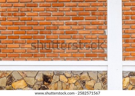 Brick and stone wall texture with white crossbeams.