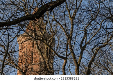 Brick tower seen through bare tree branches against a blue sky on a clear day.
