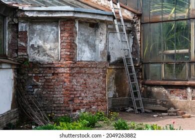 Brick Utility Extension Of The Old Botanical Greenhouse. Glass Facade With A Destroyed Brick Plinth.  Lots Of Various Plants Can Be Seen Behind The Glass Which Is Covered With A Thick Layer Of Dust.