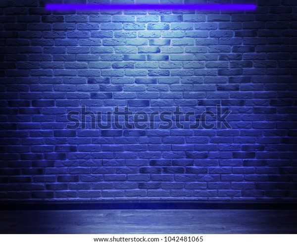 Brick wall, background,\
blue neon light