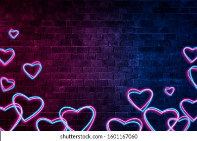 Brick Wall, Background, Neon Light.Neon Light Symbol Heart . Collection Valentine Neon Signs.Celebration Concept. Symbols Of Love For Happy Women's, Mother's, Valentine's Day, Birthday Greeting Card D