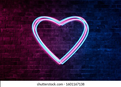 Brick Wall, Background, Neon Light.Neon Light Symbol Heart . Collection Valentine Neon Signs.Celebration Concept. Symbols Of Love For Happy Women's, Mother's, Valentine's Day, Birthday Greeting Card D