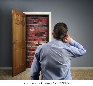 Brick Wall Blocking The Office Doorway For A Businessman Concept For Conquering Adversity, Business Obstacle Trapped Or No Way Out