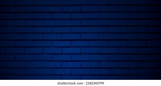 Brick Wall With Dark Blue Color And Spotlight On Surface As Background, Long Picture