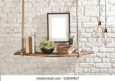 Brick Wall Drift Wood Shelves And Frame Concept Decor, Modern Lamp