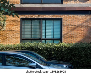 Brick wall facade building and window glass behind green bush and cars in parking.