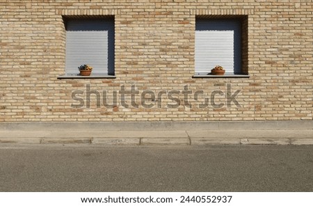 Brick wall facade with two closed gray shutter and flowerpots. Concrete sidewalk and street in front. Background for copy space.