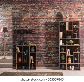 Brick Wall Home Bookshelf With Lamp And Rug
