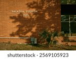 A brick wall with Palatka, Florida 2077 sign and a palm plant in Palatka, Florida