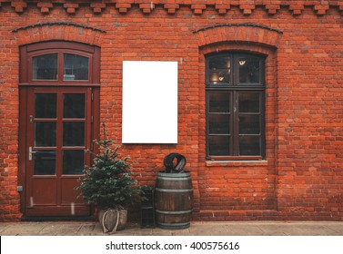 Brick Wall Restaurant Facade With Window, Entrance, Christmas Decor And Blank Space For Menu Poster. 