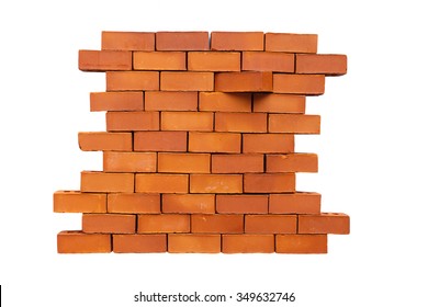 brick in the wall shifted. brick wall in the stage of destruction. one of the bricks moved from its place. Isolated on white background. concept stand out from the crowd, be different from other - Shutterstock ID 349632746