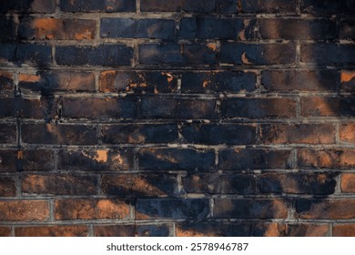 Brick wall with soot marks after a fire A close-up of a brick wall covered in soot after a fire highlighting the damage and destruction caused by the flames creating a dramatic and textured backdrop.