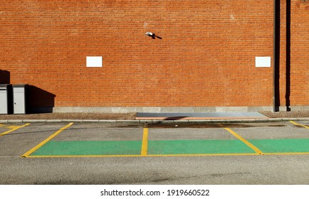 Brick Wall With Surveillance Camera And Two Blank Signboard. Sidewalk,reserved Parking And Asphalt Road In Front. Background For Copy Space 