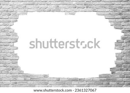 Brick wall with white hole, antique old grunge white and gray texture background.