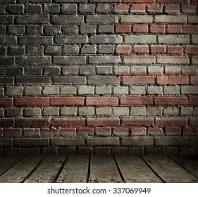Brick wall and wooden floor. American flag on wall