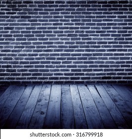 Brick Wall With Wooden Slats Floor In Jazz Club, Blue Background