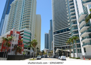 BRICKELL, FL, USA - APRIL 16, 2018: Cityscape view of the skyscrappers in Brickell