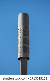 BRICKELL, FL, USA - APRIL 22, 2020: 5g Communication Cell Phone Service Tower On Blue Sky