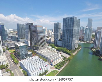 BRICKELL - MARCH 15: Aerial photo of Brickell and Downtown Miami shot with an aerial drone March 15, 2016 in Miami FL, USA