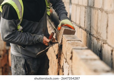Bricklayer constructing stone wall using stone blocks, cement mortar mix and trowel