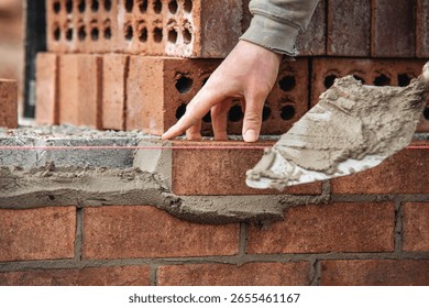 Bricklayer laying red bricks on construction site