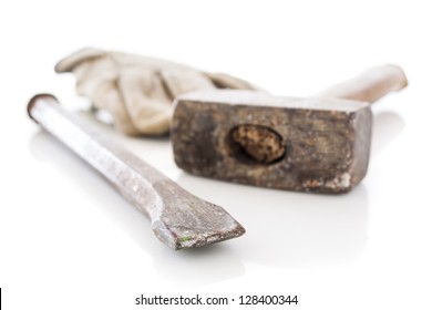 bricklayer tools (chisel and hammer) ,construction background