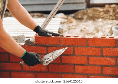 Albañil trabajando en un sitio de construcción durante el día, colocando ladrillos meticulosamente con una paleta