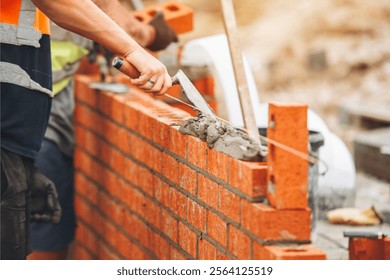 Bricklayers construct a wall using bricks and mortar at a construction site during daylight hours