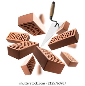 Bricks And Construction Tools Levitate On A White Background