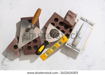 Bricks, plastering float and trowels with cement on white grunge background