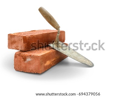 Bricks and trowel on white background,  included clipping path