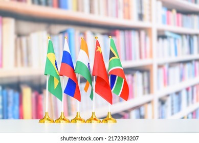 BRICS economy and policies concept : Flags of BRICS or group of five major emerging national economy i.e Brazil, Russia, India, China, South Africa. BRICS members are all leading developing countries. - Shutterstock ID 2172393207