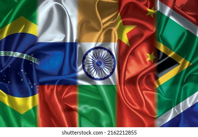 BRICS flags of the five countries which are member states of the BRICS association - Shutterstock ID 2162212855