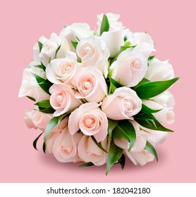 Bridal Bouquet Of Delicate Light Roses, Isolated Over Pink