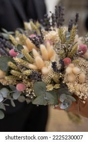 Bridal bouquet with preserved flowers, jopitos eucalyptus and various other species