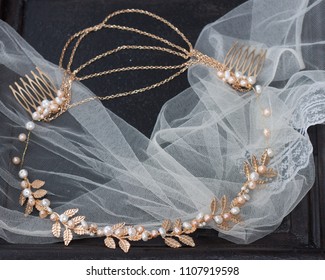 Bridal Golden Hair Wreath With Leaves And Pearls On Gray Backgroung. Wedding Hair Piece