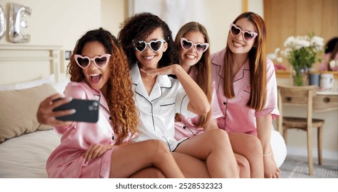 Bridal, party and selfie with women in bedroom for bridesmaids, sunglasses and social media post. Celebration, picture and friends with people at home for wedding ceremony, event or engagement