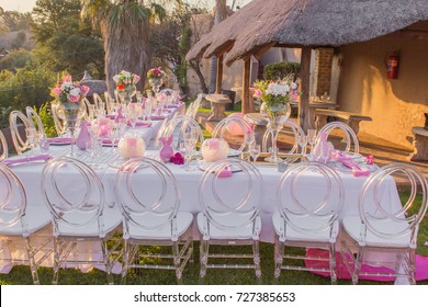 Bridal shower or baby shower event decor outdoors with tables and chairs with pink decorations