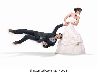 Bride Abusing Groom, Isolated On White