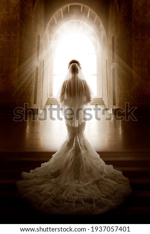 Bride Back Side View walking down Aisle Church. Woman In Window Door Light. Wedding Ceremony Day. Bridal Dress long Train and Lace Veil. Indoor Art Portrait