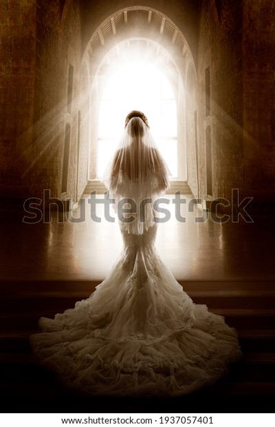 Bride Back Side View walking down\
Aisle Church. Woman In Window Door Light. Wedding Ceremony Day.\
Bridal Dress long Train and Lace Veil. Indoor Art\
Portrait