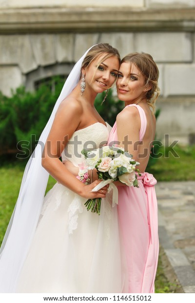 Bride Bridesmaid Posing Wedding Day Happy Stock Photo Edit Now