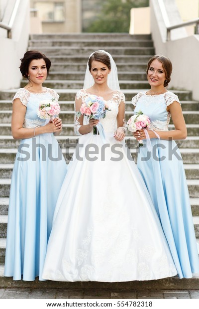 Bride Bridesmaids Blue Dresses Pose Wedding Stock Photo Edit Now