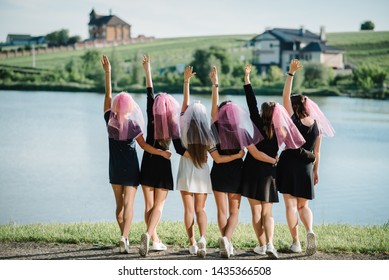 Bride And Bridesmaids Stands Back On A Beach And Celebrating Bachelorette Party. Beautiful Sexy Young Girls In Dress And Veil On Bachelor Party. Maiden Evening, Hen-parties. Close Up. Place For Text.